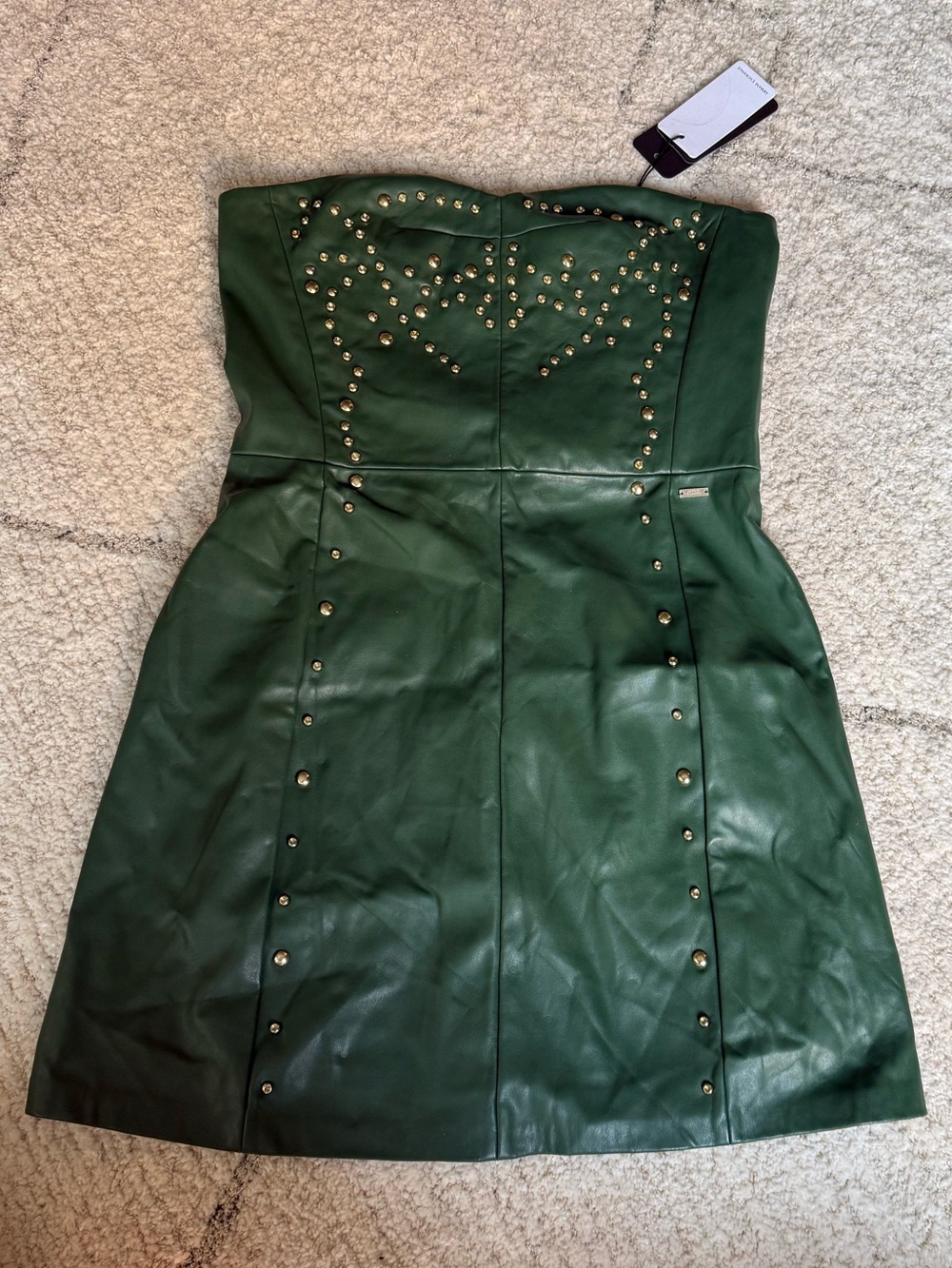 Strapless Dark Green Faux-Leather Studded Mini Dress